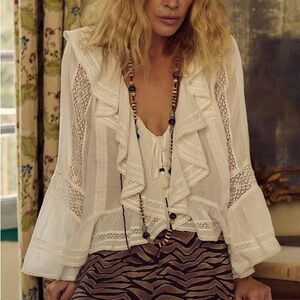 Spell White Ruffled Lace Trim Blouse